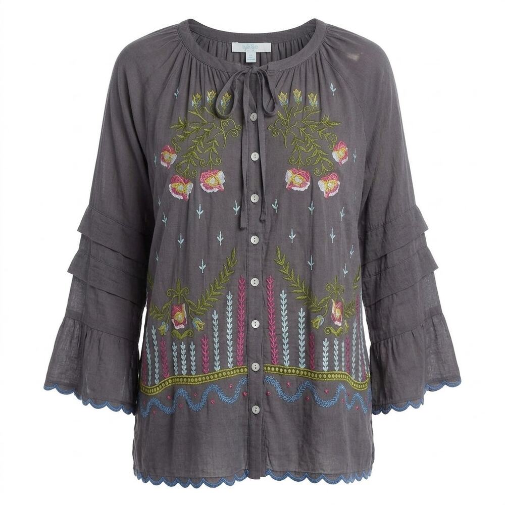 Kyla Seo Gray Embroidered Floral Bell Sleeve Blouse Women Size L
